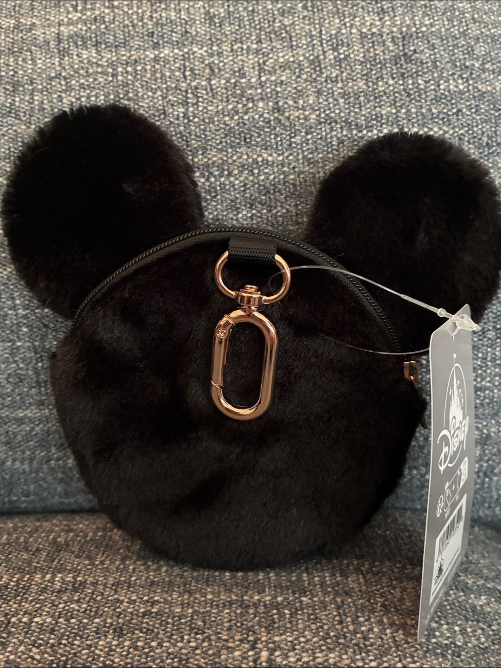 Disney Black Faux Fur Mickey Ear Keychain Pouch with Gold Clip